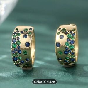 Elegant Gold scattered Blue and Green CZ Leverback Earrings